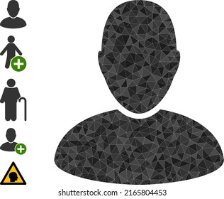 Vector triangulated user icon image is combined with scattered filled triangles. Triangle user polygonal icon vector illustration. Flat geometric polygonal symbol based on user icon.