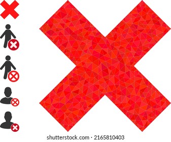 Vector triangulated x-cross delete icon illustration is combined with chaotic filled triangles. Triangle x-cross delete polygonal 2d vector illustration.