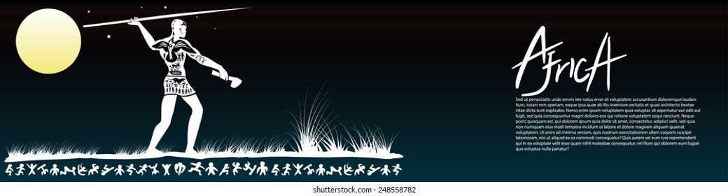 Vector tribal african man, hunter illustration, background Africa night