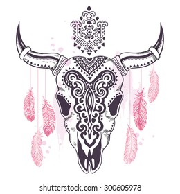 Vector Tribal animal skull illustration with ethnic ornaments