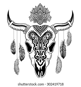 Vector Tribal animal skull illustration with ethnic ornaments