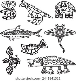 Vector tribal animals set in Australian aboriginal style, ready for vinyl cutting.