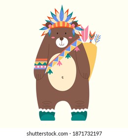 Vector Tribal Bear with Indian Feather Headdress, Quiver with Arrows.Ethnic cute Animal in flat, cartoon style.Funny Wild Character for design,gift card, web, graphic.Isolated on white background.