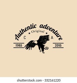 Vector tribal camp logo. Tourism sign with hand drawn american eagle. Retro hipster emblem, badge, label of outdoor adventures.