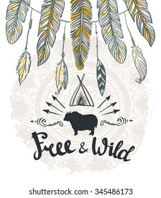 Vector tribal Card with feathers and lettering. Hand drawn illustration