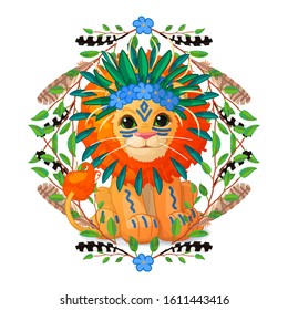 vector tribal cartoon animal clipart. Happy lion