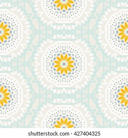 Vector Tribal Colorful Bohemian Pattern With Big Abstract Flowers In Pastel Colors. Geometric Boho Chic Background With Arabic, Indian, Moroccan, Aztec Ethnic Motifs. Bold Ethnic Print With Mandalas