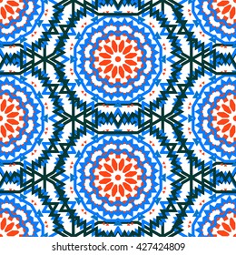 Vector tribal colorful bohemian pattern with big abstract flowers in vibrant colors. Geometric boho chic background with Arabic, Indian, Moroccan, Aztec ethnic motifs. Bold ethnic print with mandalas