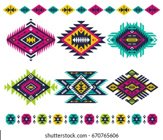 Vector tribal colorful elements. Ethnic decorative templates on aztec style. Native Navajo ornate design set. American indian ornamental simple geometric collection