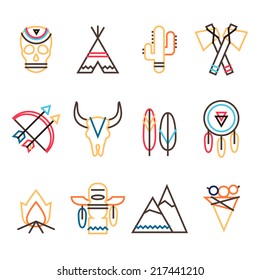 Vector tribal colorful icon set in flat simple line style, Indian native American culture