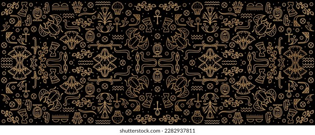 Vector tribal cover background, decorative african seamless, geometric ethnic Egypt backdrop. Bright orange and black art decoration illustration