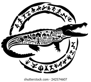 Vector tribal crocodile, alligator, caiman, illustration, tattoo stamp