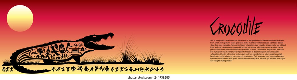 Vector tribal crocodile, cayman, alligator, illustration, background Africa