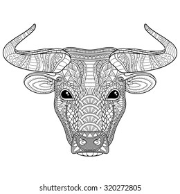 Vector Tribal Decorative Bull. Isolated Animal On White Background. Zentangle Style