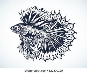  Vector Tribal Decorative Fighting Fish  in tattoo style on white background,hand drawn and sketch, Siamese fighting fish vector