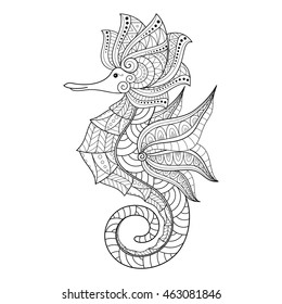 Vector Tribal Decorative Monochrome Seahorse. Isolated Illustration On White Background. Detailed Contour