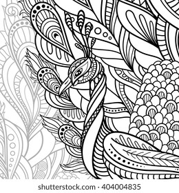 Vector Tribal Decorative Peacock. Graceful Bird On Background. Zentangle Style