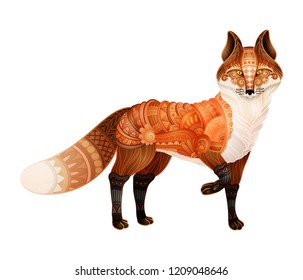 Vector Tribal Decorative Red Fox. Isolated Animal On White Background