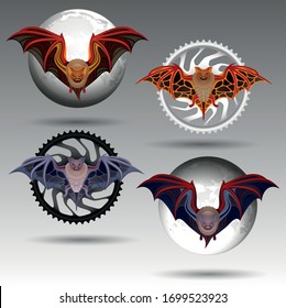 Vector Tribal Decorative Set of Bats. Isolated Animals On Background of Moon And Motorcycle Star