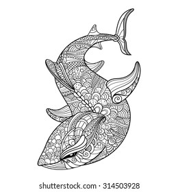 Vector Tribal Decorative Shark. Isolated Animal On Transparent Background. Zentangle Style