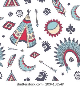 Vector de diseño tribal con flechas, tepee, plumas y símbolos sobre fondo blanco. diseño gráfico impresión o diseño textil concepto de fondo abstracto de imagen generado digitalmente.