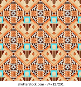 Vector tribal design in beige, blue and orange colors. Hand drawn seamless pattern. For textile, wallpaper, wrapping paper. Ethnic theme. Zigzag and stripe line, rhombus and tiles.