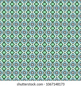 Vector tribal design in black, blue and red colors. Ethnic theme. Zigzag and stripe line, rhombus and tiles. Hand drawn seamless pattern. For textile, wallpaper, wrapping paper.