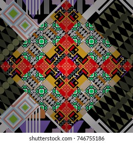 Vector tribal design in black, green and white colors. Zigzag and stripe line, rhombus and tiles. Ethnic theme. For textile, wallpaper, wrapping paper. Hand drawn seamless pattern.