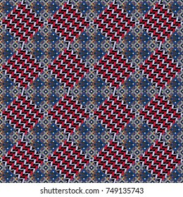 Vector tribal design in black, violet and red colors. Ethnic theme. Zigzag and stripe line, rhombus and tiles. Hand drawn seamless pattern. For textile, wallpaper, wrapping paper.