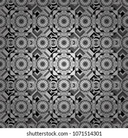 Vector tribal design in black, white and gray colors. Hand drawn seamless pattern. For textile, wallpaper, wrapping paper. Ethnic theme. Zigzag and stripe line, rhombus and tiles.