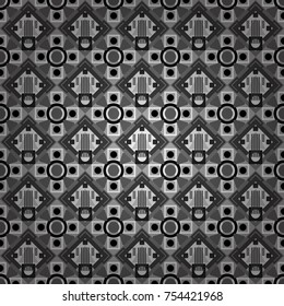 Vector tribal design in black, white and gray colors. Ethnic theme. Hand drawn seamless pattern. For textile, wallpaper, wrapping paper. Zigzag and stripe line, rhombus and tiles.