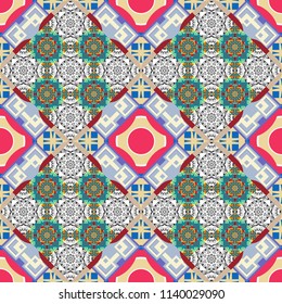 Vector tribal design in blue, beige and gray colors. Zigzag and stripe line, rhombus and tiles. Hand drawn seamless pattern. Ethnic theme. For textile, wallpaper, wrapping paper.