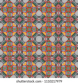 Vector tribal design in blue, gray and brown colors. Zigzag and stripe line, rhombus and tiles. Ethnic theme. For textile, wallpaper, wrapping paper. Hand drawn seamless pattern.