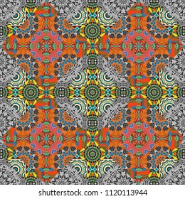Vector tribal design in blue, gray and orange colors. Hand drawn seamless pattern. Zigzag and stripe line, rhombus and tiles. For textile, wallpaper, wrapping paper. Ethnic theme.