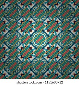 Vector tribal design in blue, orange and white colors. For textile, wallpaper, wrapping paper. Ethnic theme. Hand drawn seamless pattern. Zigzag and stripe line, rhombus and tiles.