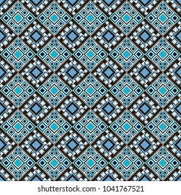 Vector tribal design in blue, white and brown colors. Ethnic theme. Hand drawn seamless pattern. For textile, wallpaper, wrapping paper. Zigzag and stripe line, rhombus and tiles.