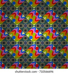 Vector tribal design in blue, yellow and green colors. For textile, wallpaper, wrapping paper. Zigzag and stripe line, rhombus and tiles. Ethnic theme. Hand drawn seamless pattern.