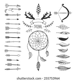 Vector Tribal design elements, aztec symbols, arrows, dream catcher, floral, ribbon, horns,  native american,  indian feather, bow with arrows isolated. Hand drawn tribal, ethnic elements