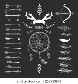Vector Tribal design elements, aztec symbols, arrows, dream catcher, floral, ribbon, horns,  native american,  indian feather, bow with arrows. Hand drawn tribal, ethnic elements