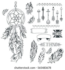 Vector Tribal design elements, aztec symbols, arrows, dream catcher,ribbon, native american, indian feather. Modern romantic boho style. Hand drawn tribal, ethnic elements. 