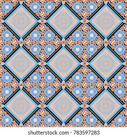 Vector tribal design in gray, blue and black colors. For textile, wallpaper, wrapping paper. Hand drawn seamless pattern. Zigzag and stripe line, rhombus and tiles. Ethnic theme.
