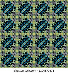 Vector tribal design in green, black and blue colors. Hand drawn seamless pattern. Zigzag and stripe line, rhombus and tiles. For textile, wallpaper, wrapping paper. Ethnic theme.
