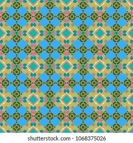 Vector tribal design in green, orange and blue colors. Zigzag and stripe line, rhombus and tiles. Hand drawn seamless pattern. Ethnic theme. For textile, wallpaper, wrapping paper.
