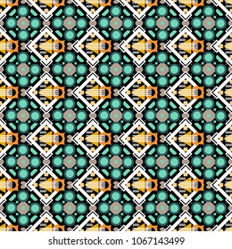 Vector tribal design in green, white and black colors. Ethnic theme. Hand drawn seamless pattern. For textile, wallpaper, wrapping paper. Zigzag and stripe line, rhombus and tiles.