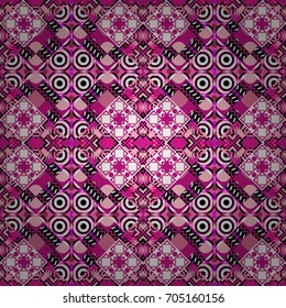 Vector tribal design in pink, purple and brown colors. Hand drawn seamless pattern. Ethnic theme. Zigzag and stripe line, rhombus and tiles. For textile, wallpaper, wrapping paper.