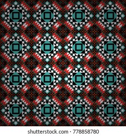 Vector tribal design in white, green and black colors. For textile, wallpaper, wrapping paper. Ethnic theme. Hand drawn seamless pattern. Zigzag and stripe line, rhombus and tiles.