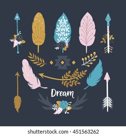 Vector tribal elements. Arrows, feathers, wreaths, tribal elements and horns isolated on white background. 