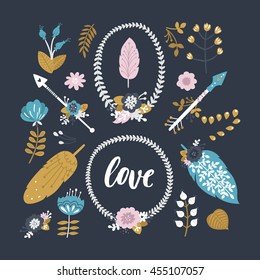 Vector tribal elements. Arrows, feathers, wreaths, floral elements and frames. Boho design 