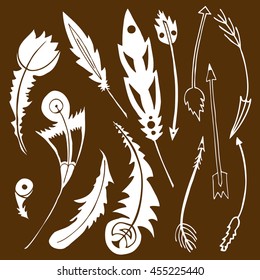 Vector tribal elements for design, ethnic isolated elements for design, aztec monochrome feathers and arrows