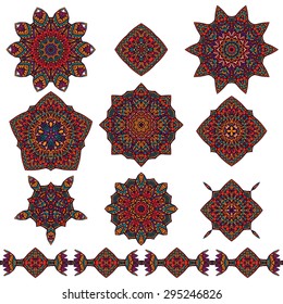 Vector Tribal elements, ethnic collection, aztec stile, tribal art, tribal design isolated on white background. Set Mandalas. Round Ornament Pattern